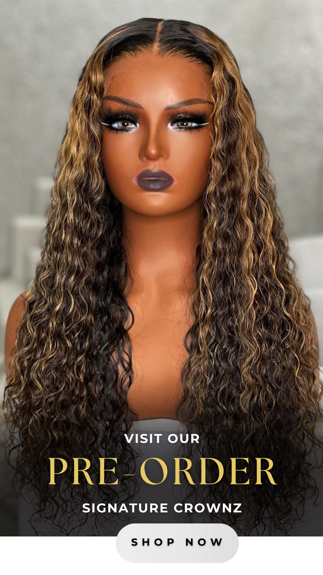 Mannequin head with long, wavy hair and promotional text for a pre-order wig collection.